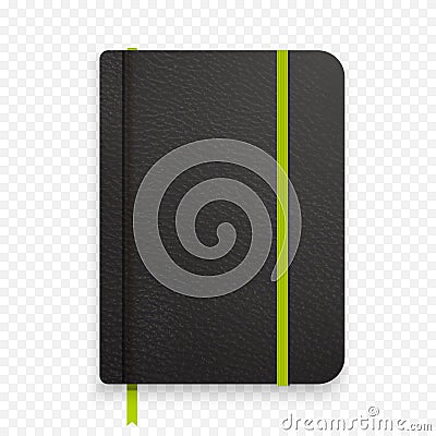 Realistic black notebook with green elastic band. Top view diary template. Closed diary. Vector notepad mockup. Stock Photo