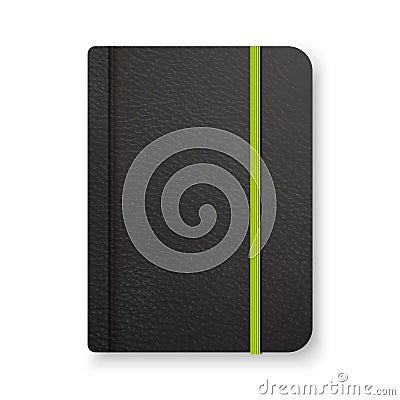 Realistic black notebook with green elastic band. Top view diary template. Vector notepad mockup. Stock Photo