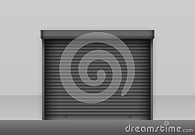 Realistic black roller shutter door on grey storage wall. Industrial roller shutter for metal gate. Closed garage door Vector Illustration