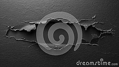 Realistic black sheet of torn paper. Hole in the sheet of paper. Grunge background. Stock Photo