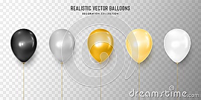 Realistic black, silver, gold, yellow and white balloon vector illustration on transparent background. Decoration Vector Illustration