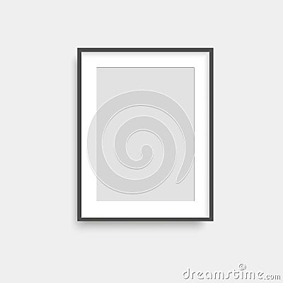 Realistic black square photo frame on grey wall. Vector. Vector Illustration