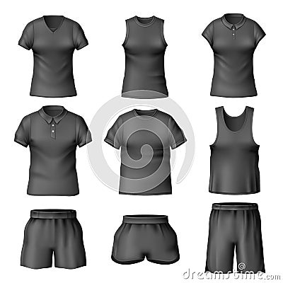 Realistic black t-shirts and short. Different types shirts, male and female casual clothes top view, underwear blank Vector Illustration