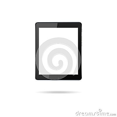 Realistic black tablet with blank touchscreen isolated on white background. Modern PC device. Vertical mockup gadget. Smart Vector Illustration