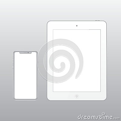 A realistic black tablet computer and a mobile phone with a white Vector Illustration