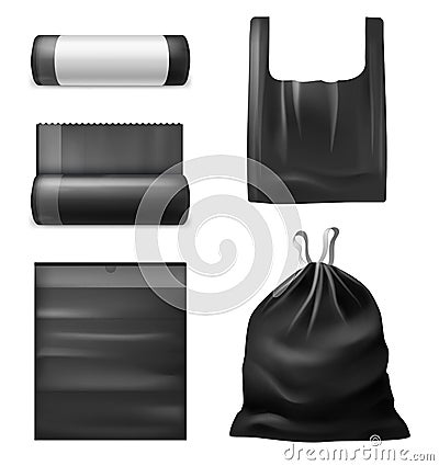 Realistic black trash bags. Kitchen garbage plastic sacks, bag with handles, collapsed and expanded, roll with blank Vector Illustration