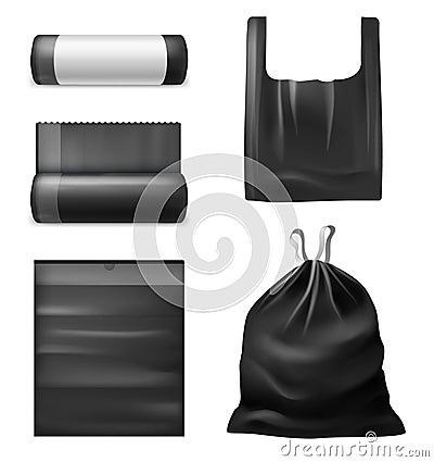 Realistic black trash bags. Kitchen garbage plastic sacks, bag with handles, collapsed and expanded, roll with blank empty label, Vector Illustration