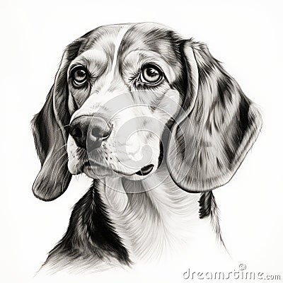 Realistic Black And White Beagle Dog Portrait Drawing Cartoon Illustration