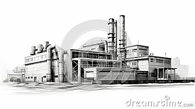 Realistic Black And White Industrial Plant Drawing Stock Photo