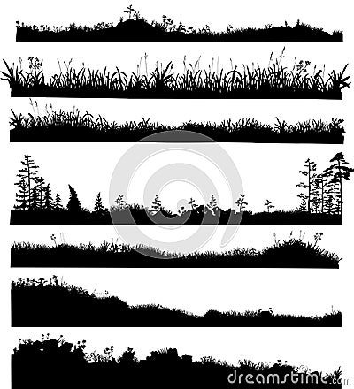 Realistic black and white vector bundle of silhouettes of the ground with grass, flowers, spikelets, trees on it. Hand Vector Illustration