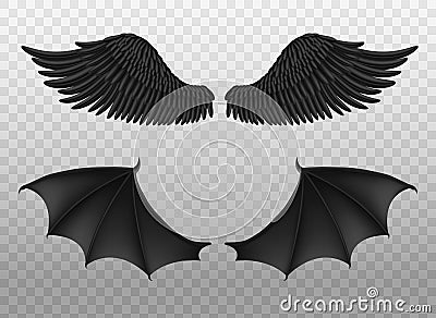 Realistic black wings. Pair of dark feathers raven and bat wings, crow bird parts, isolated demon elements, fly animals Vector Illustration