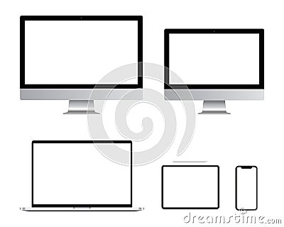 Realistic blank Computer monitor, smartphone, laptop and tablet pc screen design. Mobile phone smart digital device set collection Cartoon Illustration