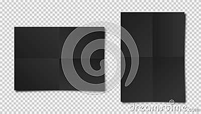 Realistic blank folded paper sheets in A4 size with shadow on checkered background. Black notebook page. Design template Vector Illustration