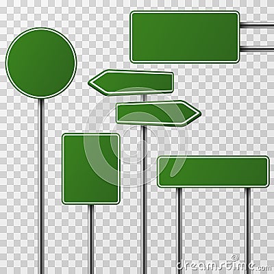 Realistic blank green street and road signs vector set Vector Illustration