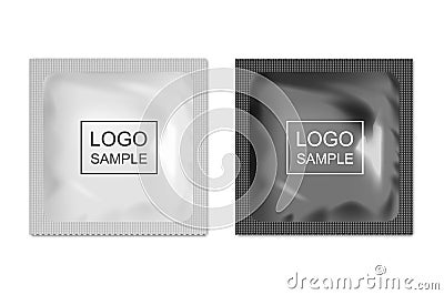 Realistic blank packaging foil wet wipes, food packing or condom template set. Vector Illustration