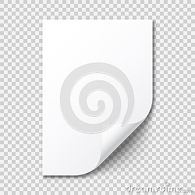 Realistic blank paper sheet with shadow in A4 format on transparent background. Notebook or book page with curled corner Vector Illustration