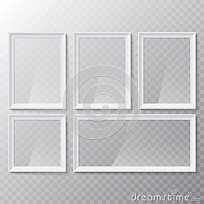 Realistic blank picture or photograph frame. Vector glass white photoframe for interior artwork design. Vector Illustration