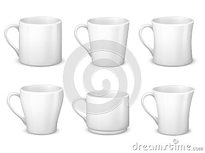 Realistic blank white coffee mugs with handle and porcelain cups vector template isolated Vector Illustration