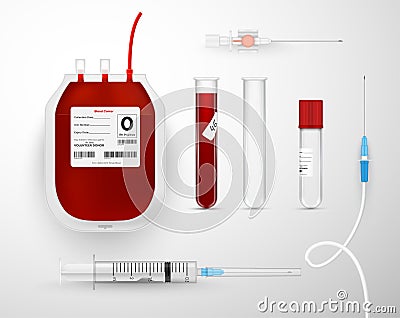 Realistic blood transfusion equipment set vector illustration. Collection lifeblood bag for donation Vector Illustration