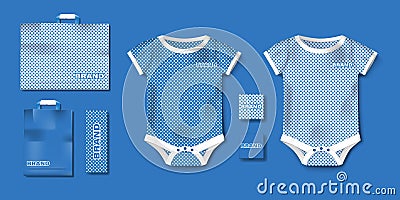 Realistic blue baby bodysuit template isolated. Bodysuit, baby shirt mockup for boy newborn. Branding set of clothes and Vector Illustration