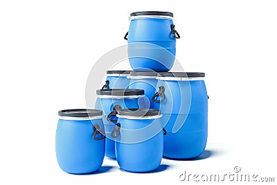 Realistic blue barrels isolated on white background. 3d rendering. Stock Photo