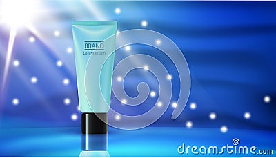Realistic blue cream tube 3d cosmetic ad poster. Beaut woman product makeup background concept.Glossy banner promotion brand desig Vector Illustration