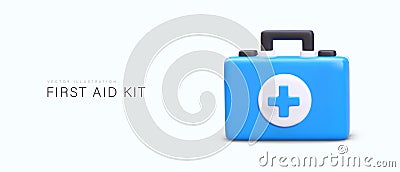 Realistic blue first aid kit with cross. Portable box with basic medical kit Vector Illustration