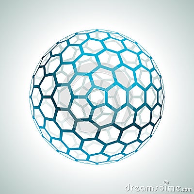 Realistic blue glossy sphere hole hexagonal structure mesh geometric shape 3d template vector Vector Illustration