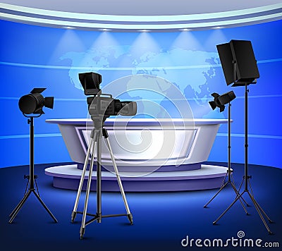 Realistic Blue News Studio Interior Vector Illustration