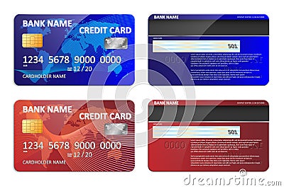 Realistic blue and red bank credit card template isolated. Bank plastic credit card mockup with colorful abstract design Vector Illustration
