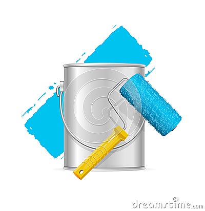 Realistic Blue Roller Brush and Can. Vector Vector Illustration