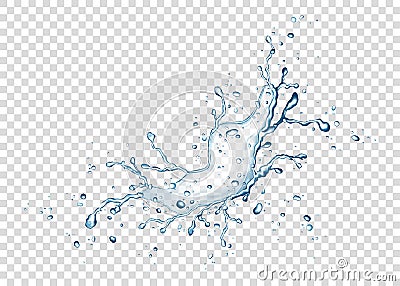 Realistic blue water splash and drops on transparent background Vector Illustration