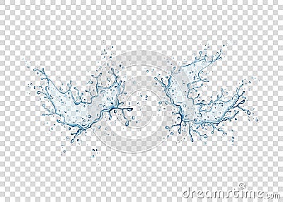 Realistic blue water splash on transparent background. Vector Illustration