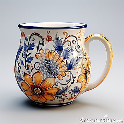Realistic Blue And Yellow Floral Mug With Italian Renaissance Revival Design Stock Photo