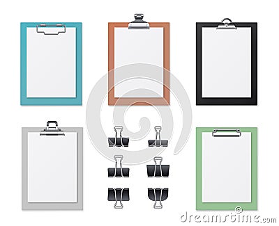 Realistic board tablets with blank white papers and clips. Clipboards for business or education presentation. Documents Vector Illustration