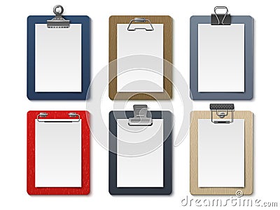 Realistic board tablets. Portable paper holder, different clipboards clamps, empty white sheets, various colors notebook Vector Illustration