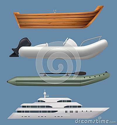 Realistic boats. Ship and yacht in sea or ocean sailing water transportation decent vector travelling concept pictures Vector Illustration