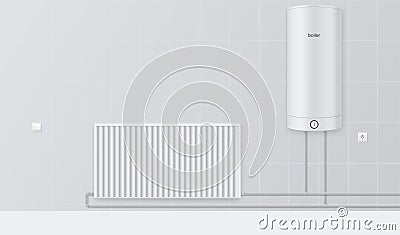 Realistic boiler connected to radiator vector illustration. Bathroom water heater heating system Vector Illustration