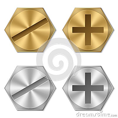 Realistic bolt heads. Golden and silver bolt heads. Gold and metal screw. Metallic hardware elements. Vector illustration Vector Illustration