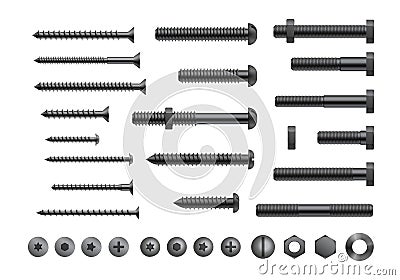 Realistic bolt, screw and nut collection. Metal nails, rivets head with washers. Repair set isolated Vector Illustration