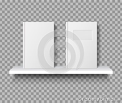 Realistic book mockup on shelf. White empty paperback of textbook on bookshelf for school. Booklet cover front view template for Vector Illustration