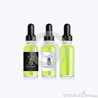 Realistic bottle mock up with taste pineapple for an electronic cigarette. Dropper bottle with design white or black Vector Illustration