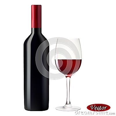 Realistic bottle red wine and glass wine Vector Illustration
