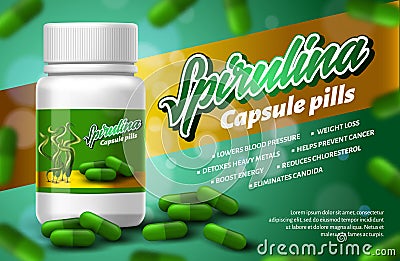 Realistic Bottle Superfood Spirulina Capsule Pills Vector Illustration
