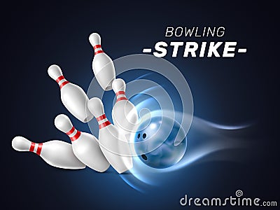 Realistic bowling strike ball. High speed trajectory, flying downed pins, crashing 3d isolated element, dark backdrop Vector Illustration