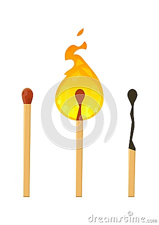 Realistic brand new, burning and burnt match sticks on white background Vector Illustration