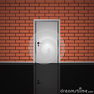 Realistic brick wall and closed white door interior Cartoon Illustration