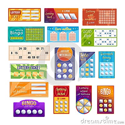 Realistic bright lottery ticket set. Gambling lucky bingo card to win chance lotto game jackpot Stock Photo