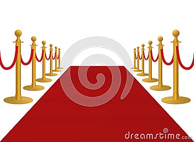 Realistic bright red carpet with barriers 3d vector illustration. Luxury entrance to vip event Vector Illustration