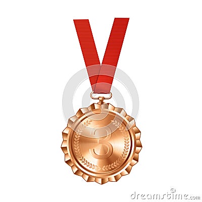 Realistic bronze medal on red ribbon with engraved number three. Sports competition awards for third place. Championship reward Vector Illustration